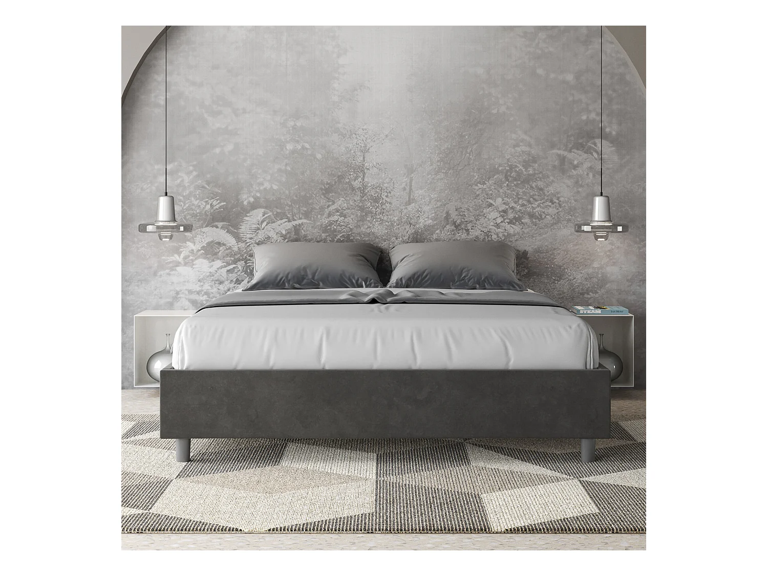 Sommier-Bett ohne gepolsterte Basis 160x210 Azelia-graue Mikrofaser