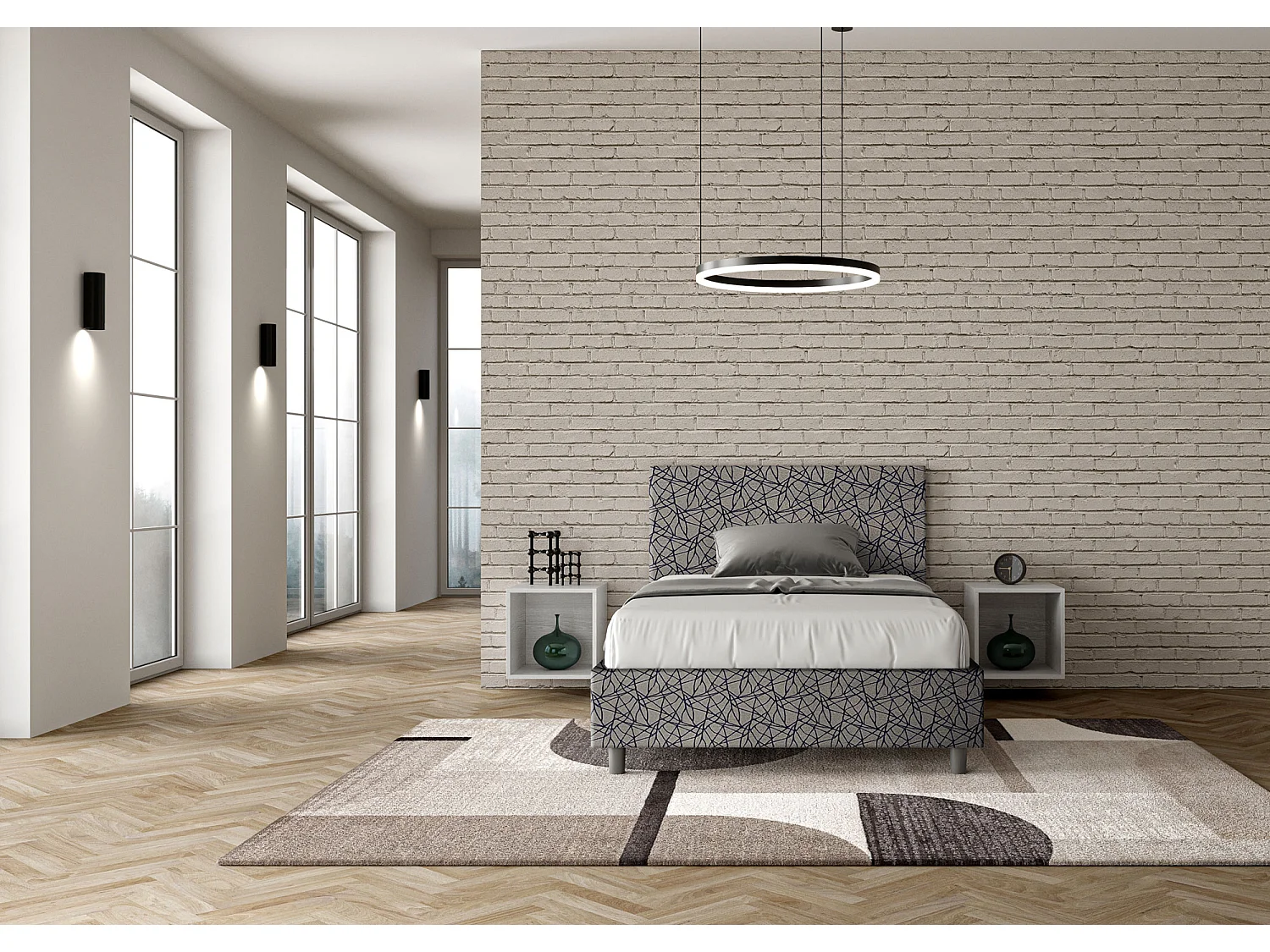 Lit 1 place et demi sans sommier rembourré 120x200 tissu Era 9 bleu Adele