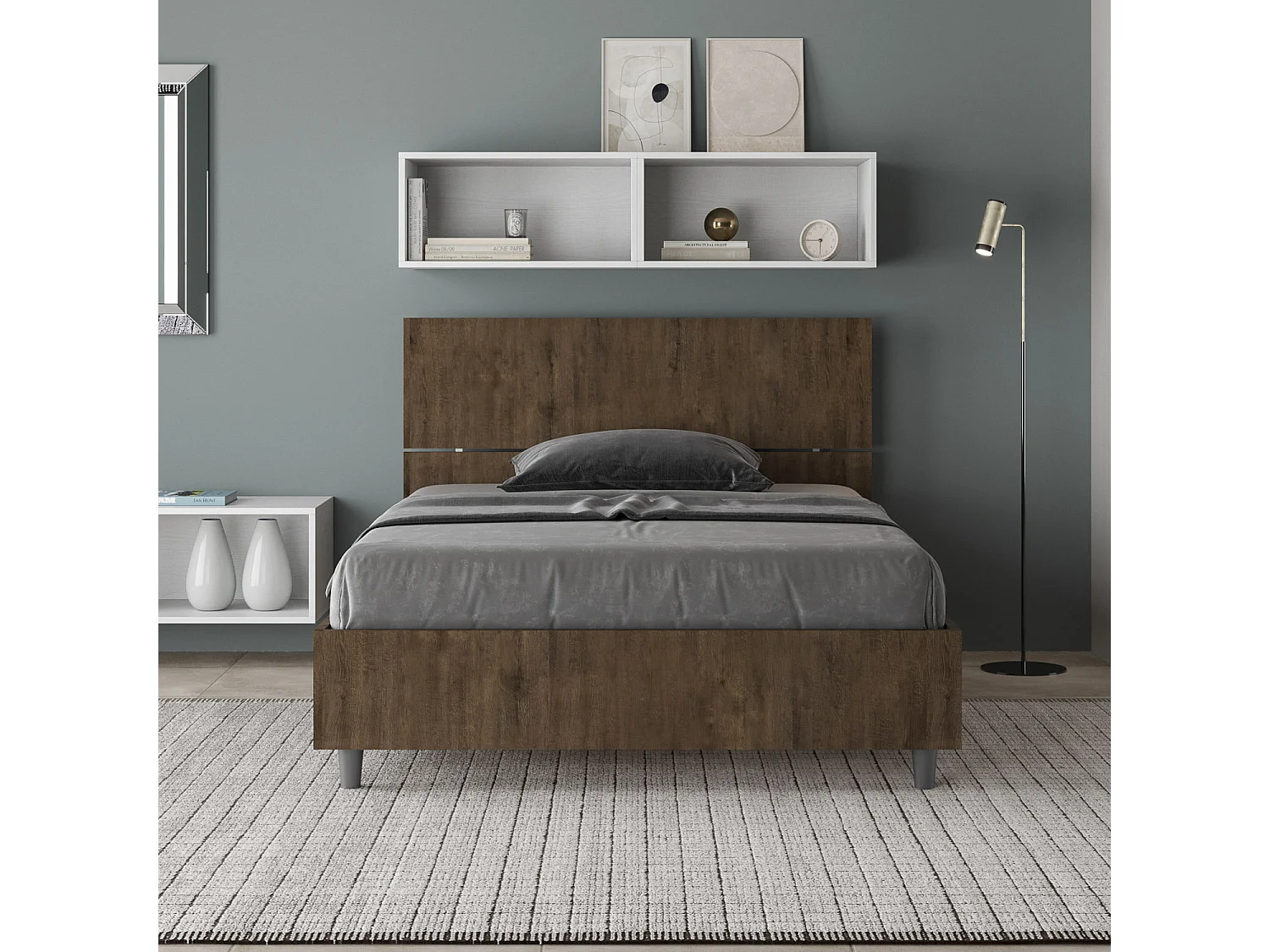 Lit 1 place et demi sans sommier 120x200 tête de lit droite noyer Demas