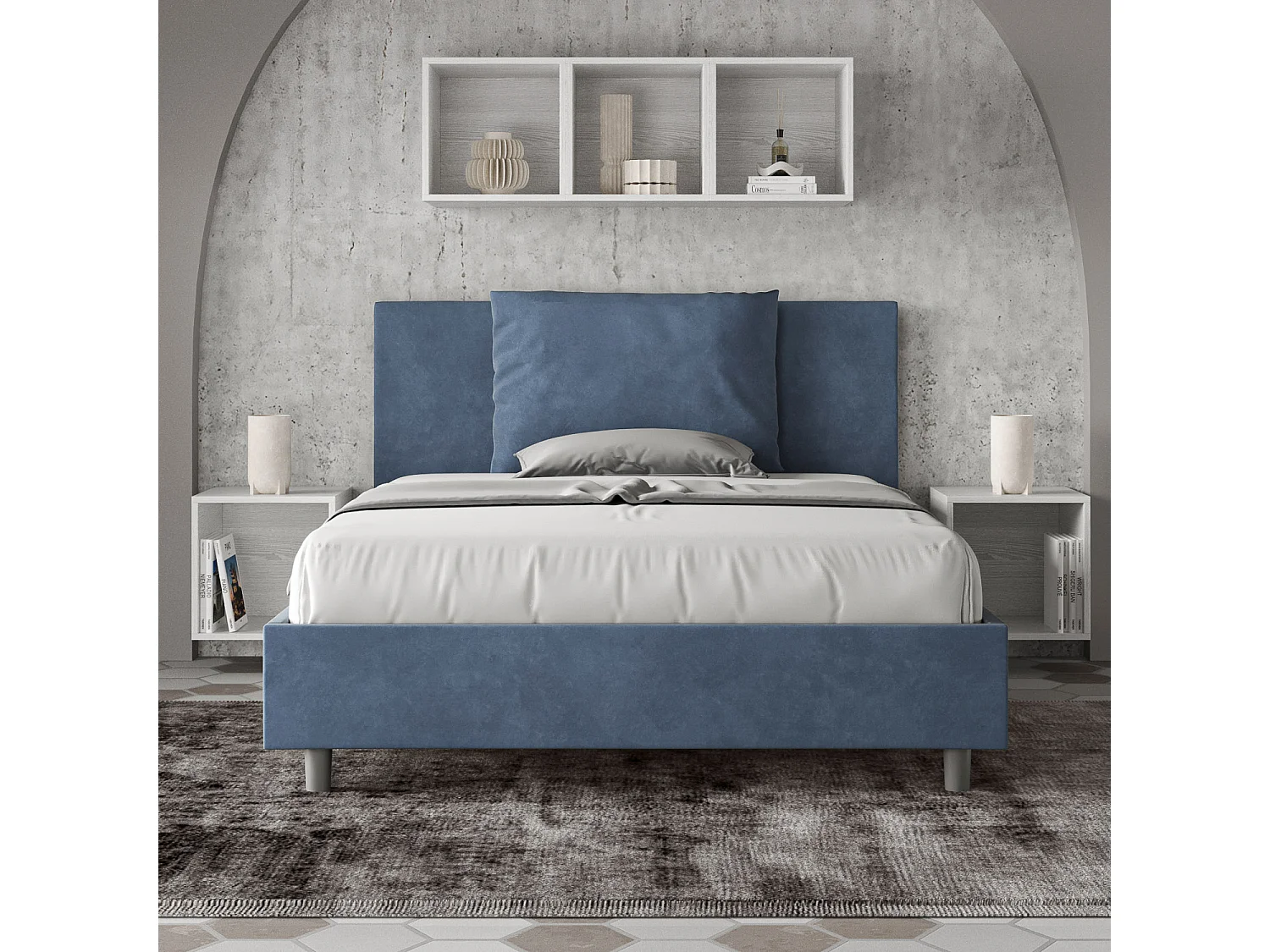 Letto senza rete imbottito 140x210 microfibra blu Antea
