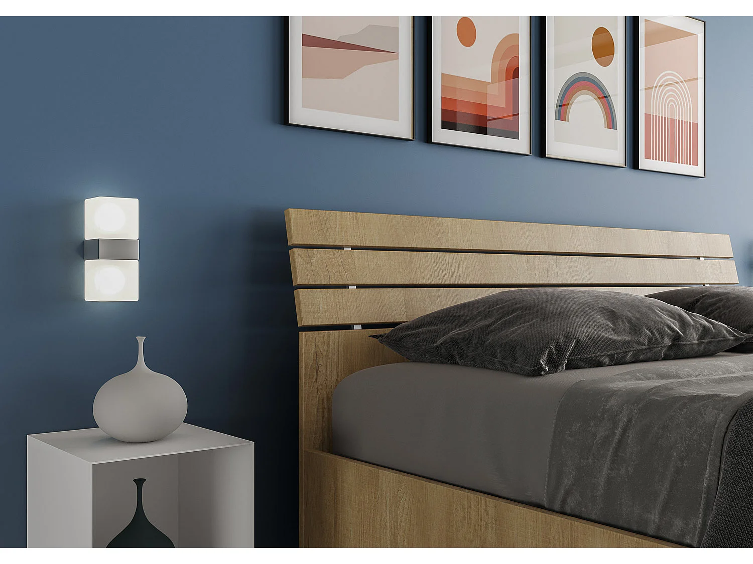 Lit avec sommier 160x200 tête de lit inclinée avec des lames chêne nature Ankel