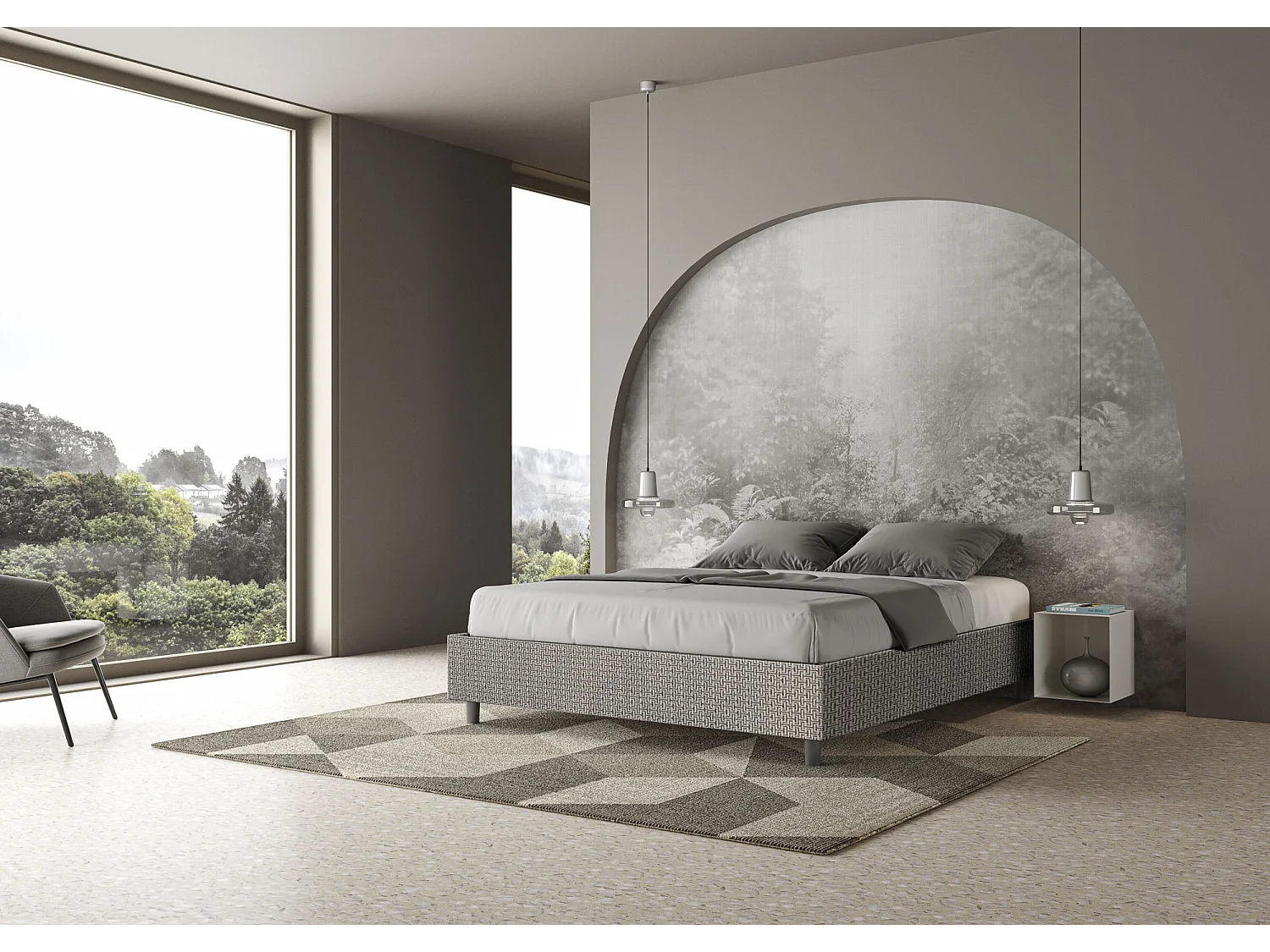 Letto Sommier con rete imbottito 160x210 tessuto Labirinto 02 grigio Azelia