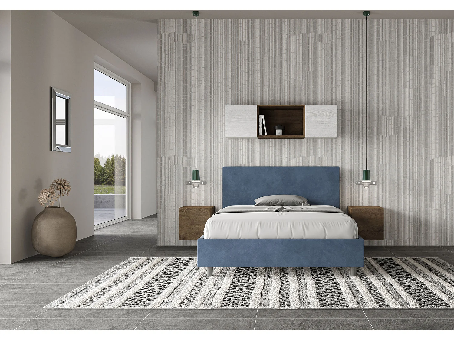 Lit double sans sommier rembourré 140x190 microfibre bleu Adele