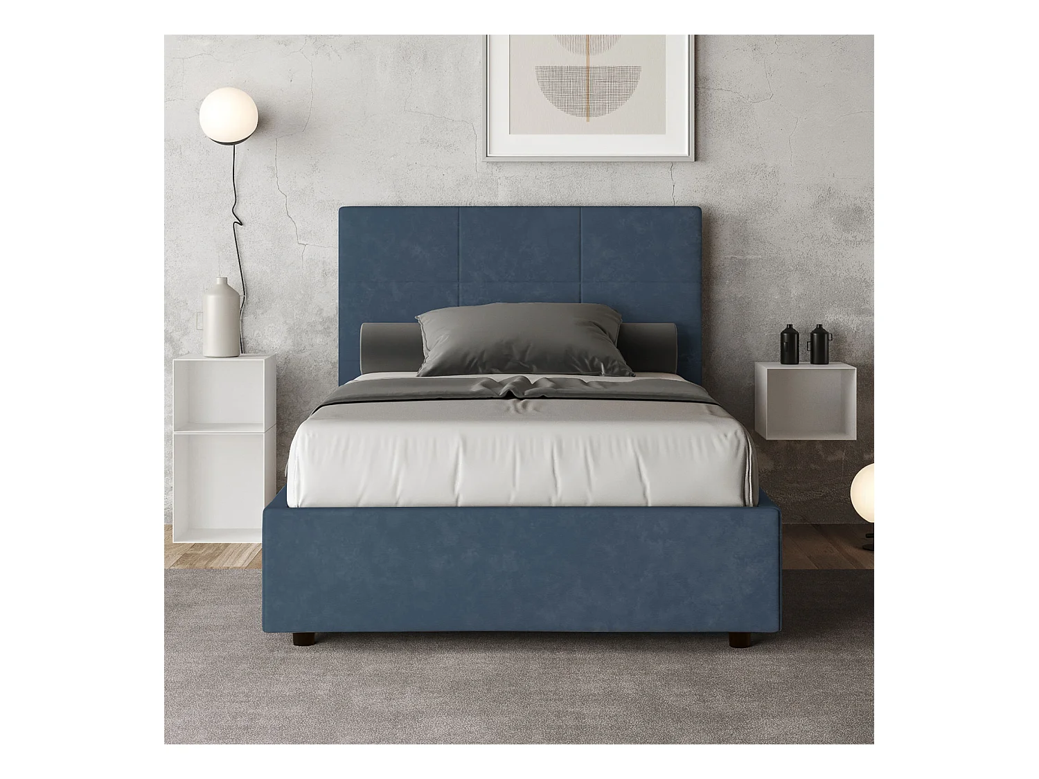 Lit 1 place et demi avec sommier rembourré 120x190 microfibre bleu Mika