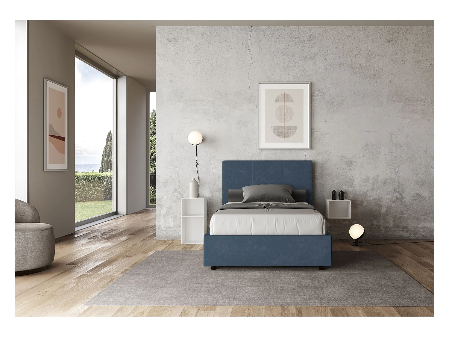 Lit 1 place et demi avec sommier rembourré 120x190 microfibre bleu Mika
