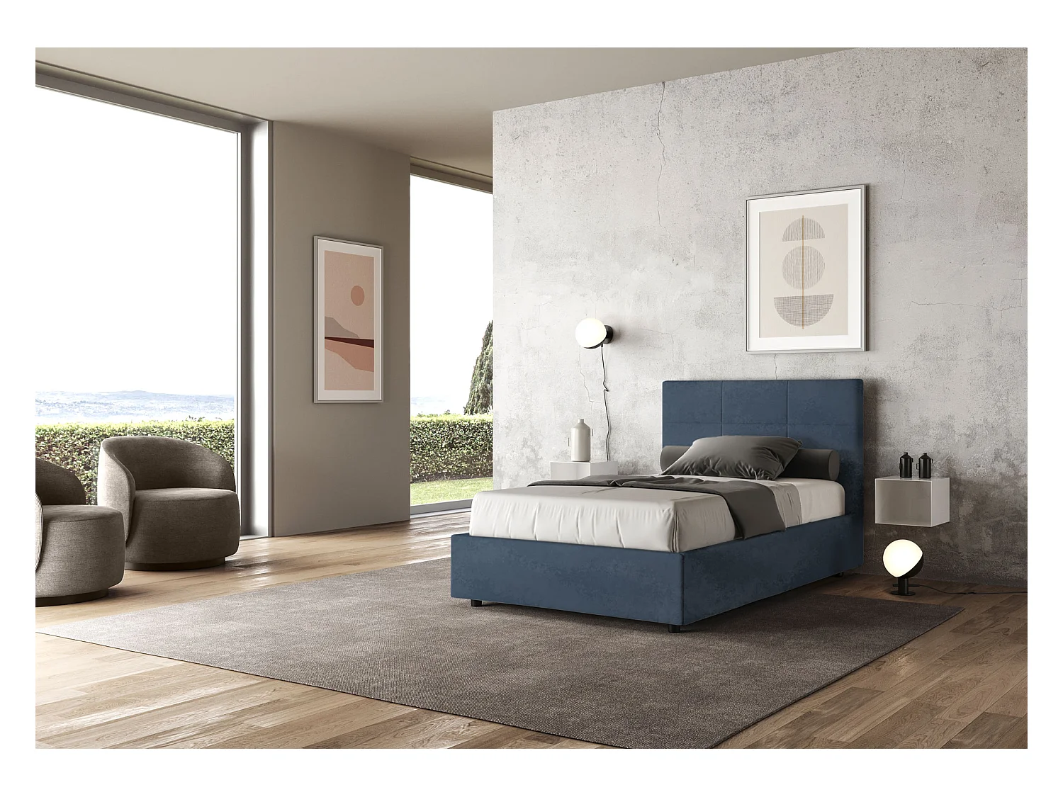 Lit 1 place et demi avec sommier rembourré 120x190 microfibre bleu Mika