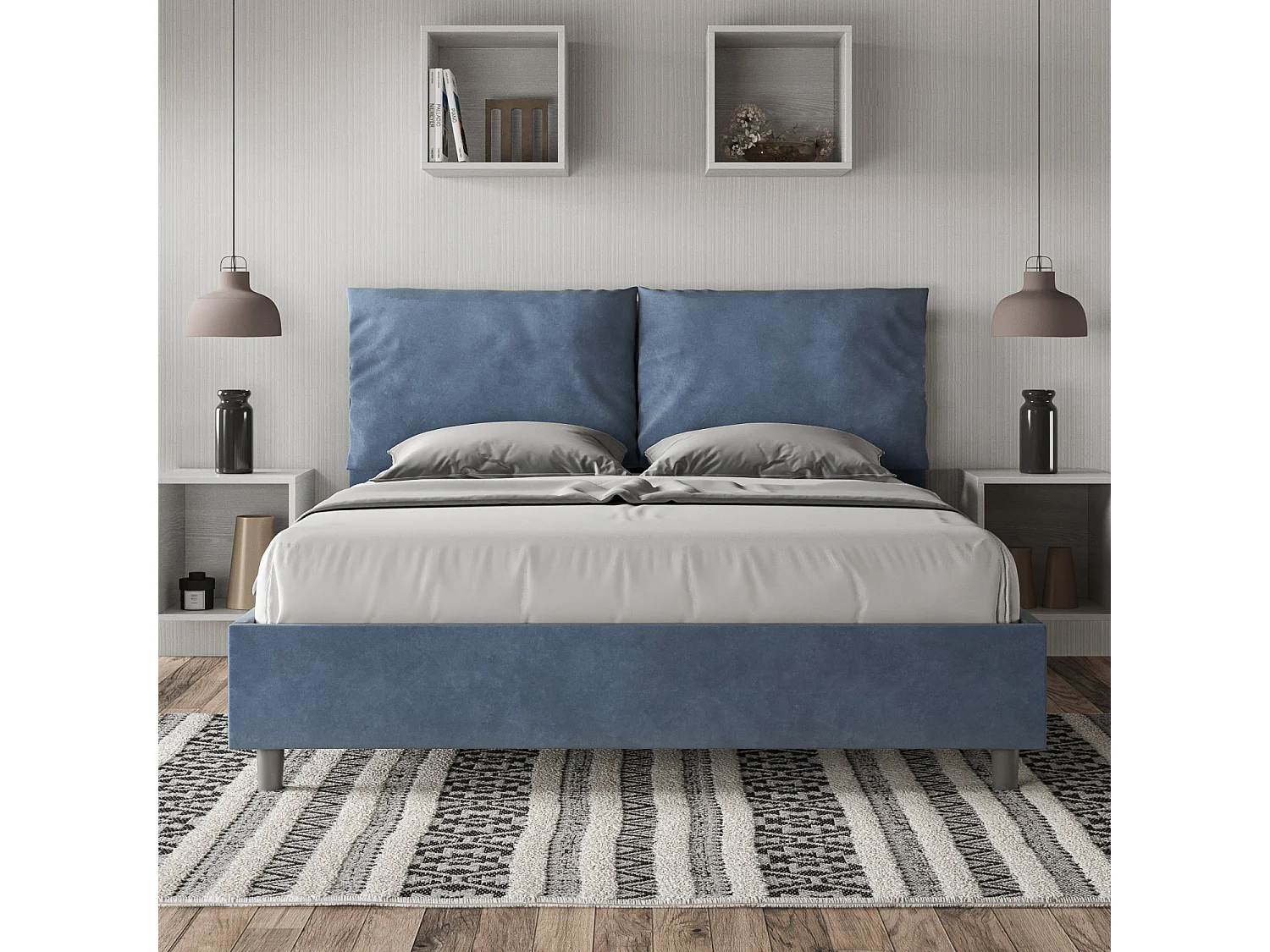 Lit avec sommier rembourré 160x190 microfibre bleu Antea