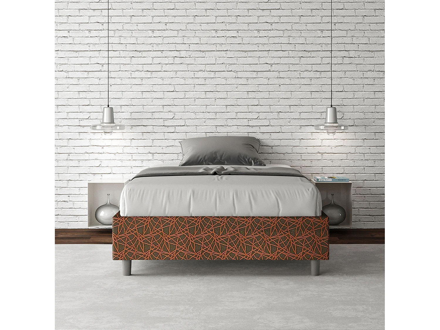 Cadre de lit 1 place et demi avec sommier rembourré 120x190 tissu Era 4 orange Azelia