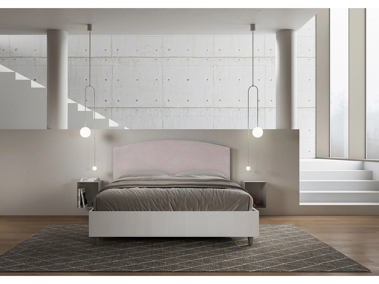 Lit sans sommier 160x190 structure frêne blanc tête de lit microfibre lilas Antilia