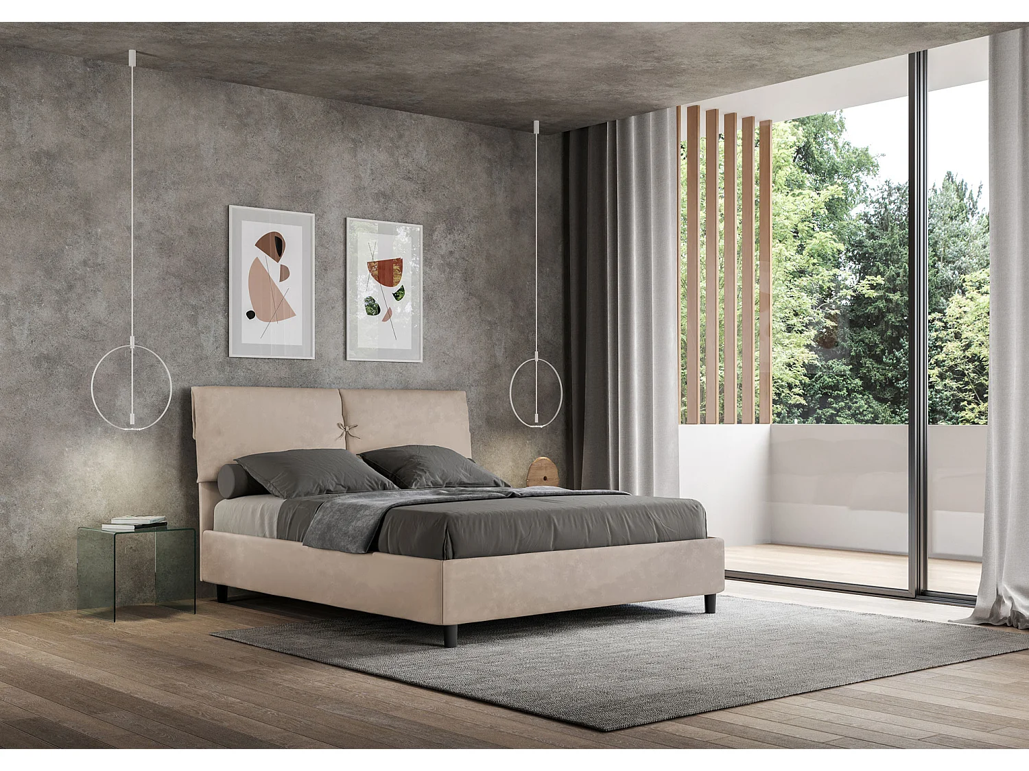 Letto senza rete imbottito 160x210 microfibra sabbia Mados