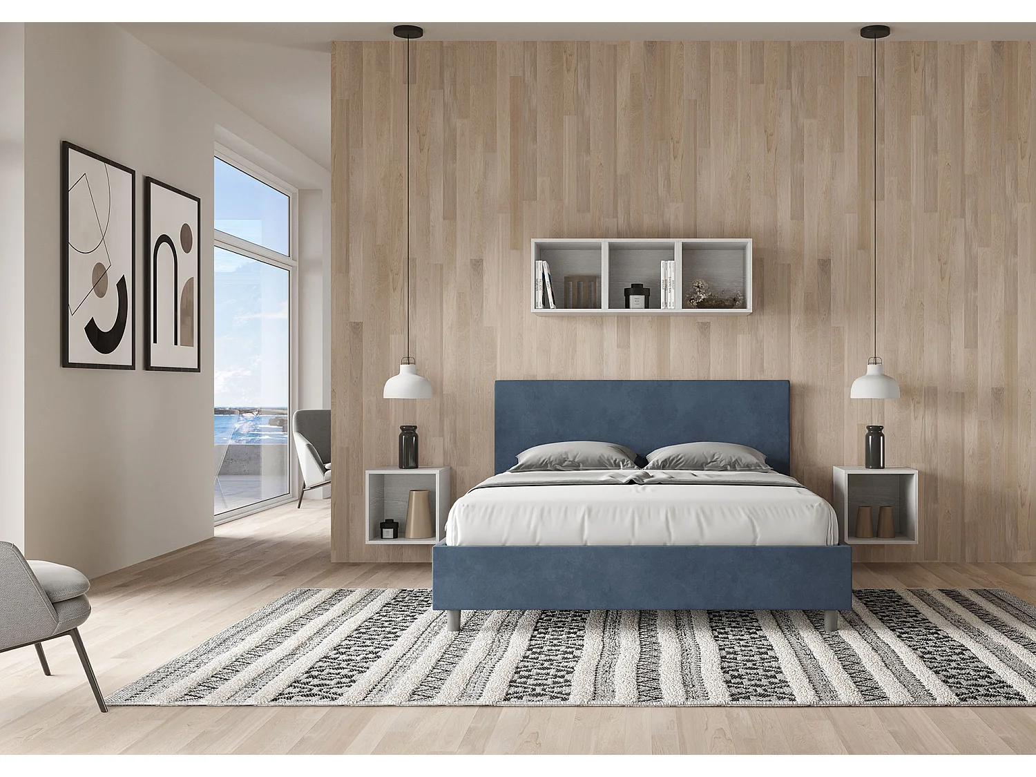 Lit avec sommier rembourré 160x190 microfibre bleu Adele