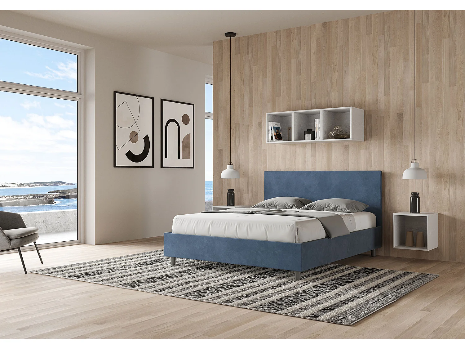 Lit avec sommier rembourré 160x190 microfibre bleu Adele