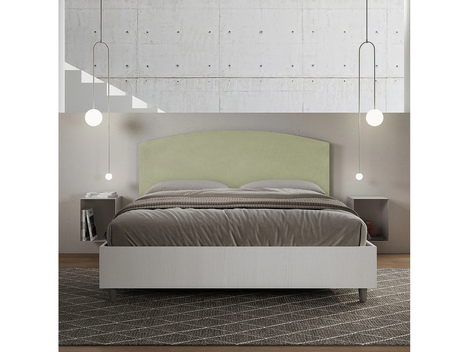 Lit sans sommier 160x190 structure frêne blanc tête de lit microfibre vert Antilia
