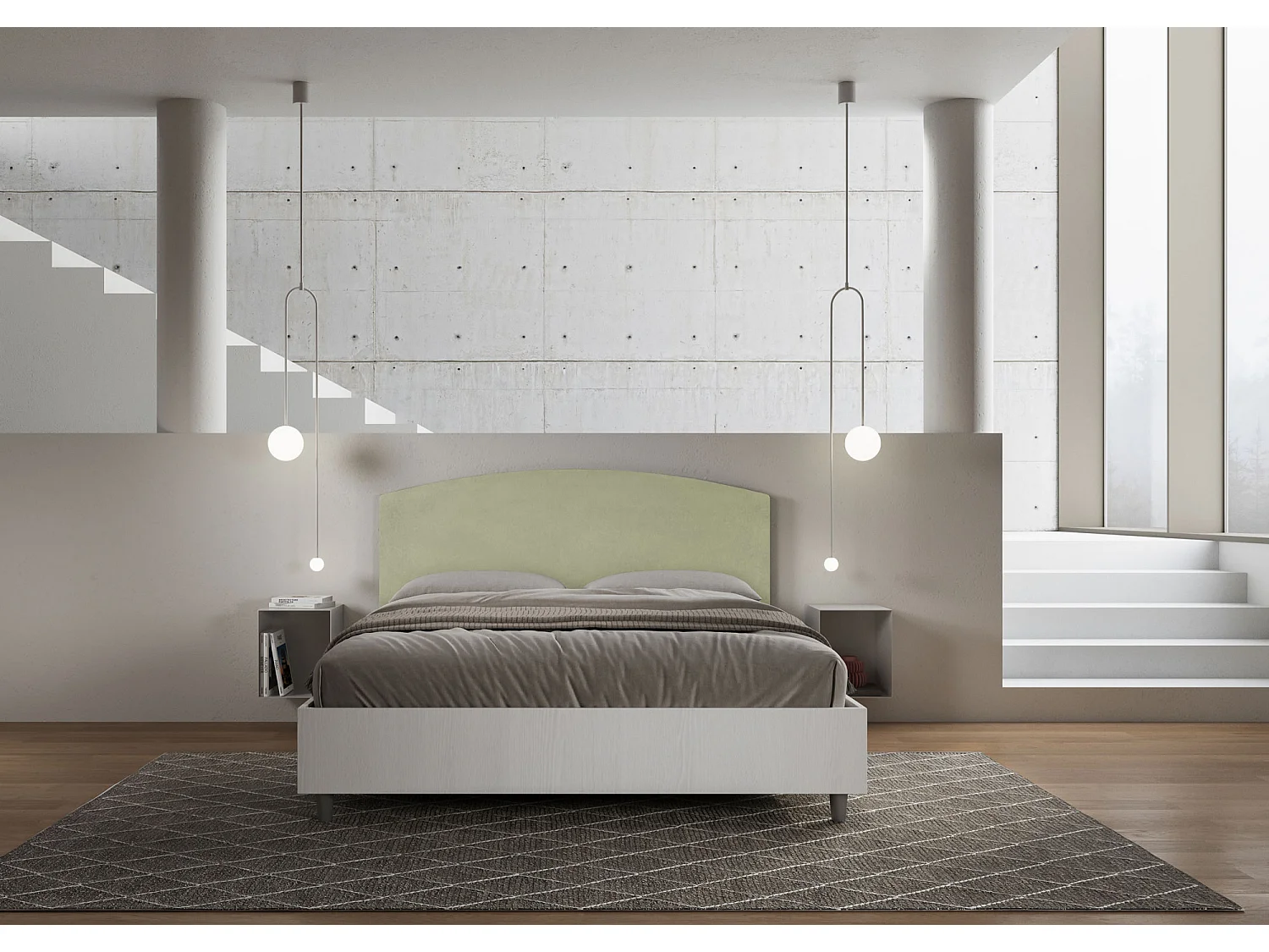 Lit sans sommier 160x190 structure frêne blanc tête de lit microfibre vert Antilia