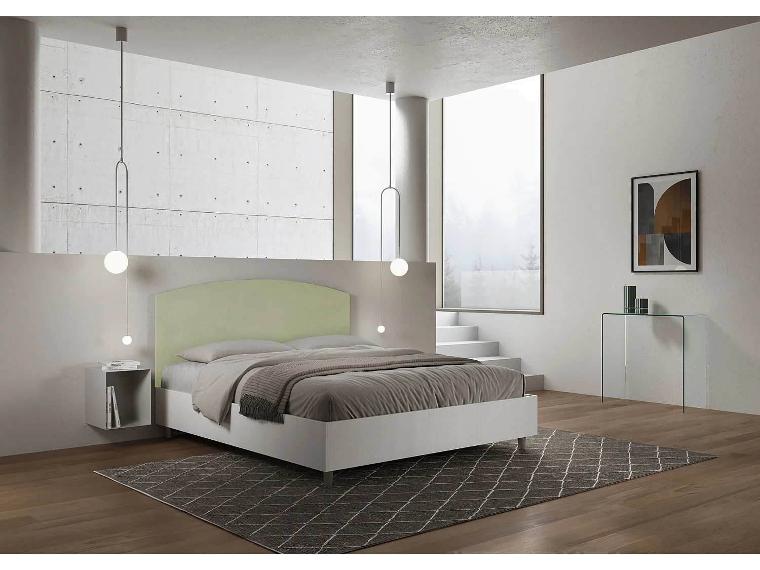 Lit sans sommier 160x190 structure frêne blanc tête de lit microfibre vert Antilia