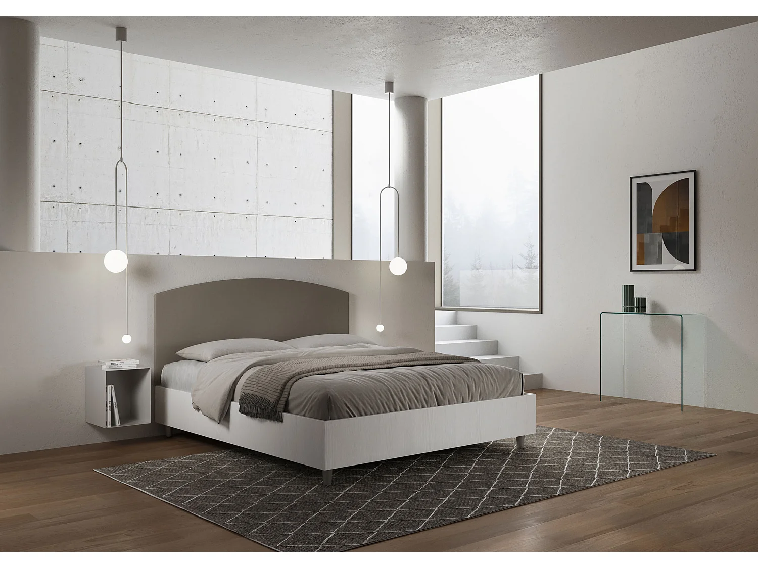 Letto con rete 160x190 struttura bianco frassino testata similpelle cappuccino Antilia