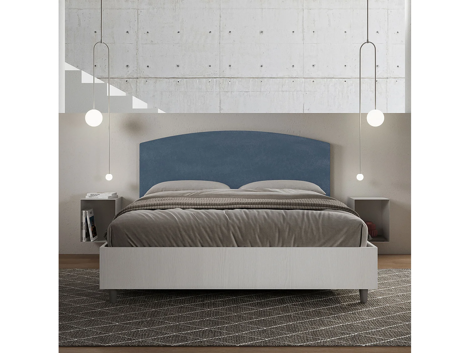 Lit sans sommier 160x190 structure frêne blanc tête de lit microfibre bleu Antilia