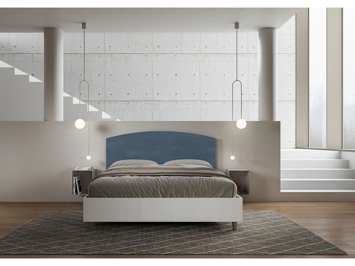 Lit sans sommier 160x190 structure frêne blanc tête de lit microfibre bleu Antilia
