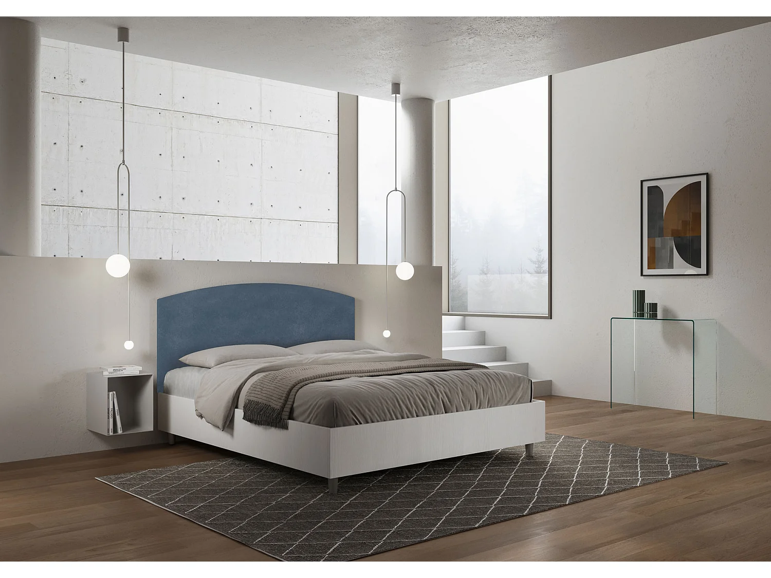 Lit sans sommier 160x190 structure frêne blanc tête de lit microfibre bleu Antilia