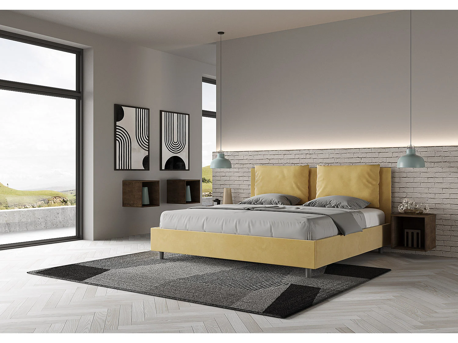 Lit avec sommier rembourré 180x200 microfibre ocre Antea