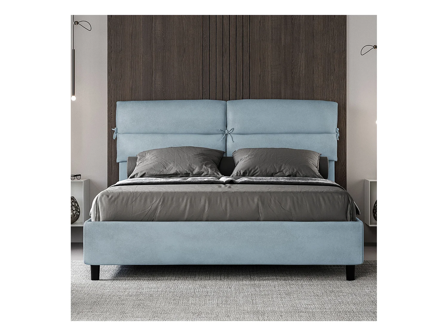 Hellblaues Mikrofaserbett Nandy mit gepolsterter Basis 160x190