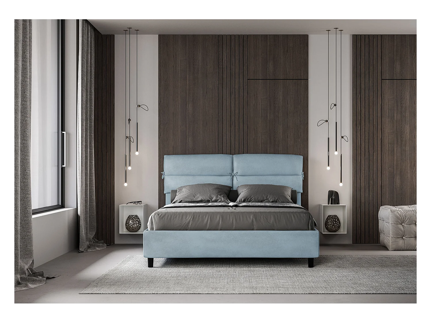 Hellblaues Mikrofaserbett Nandy mit gepolsterter Basis 160x190
