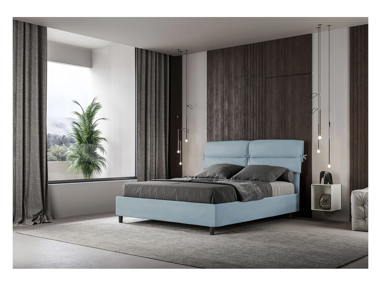 Hellblaues Mikrofaserbett Nandy mit gepolsterter Basis 160x190