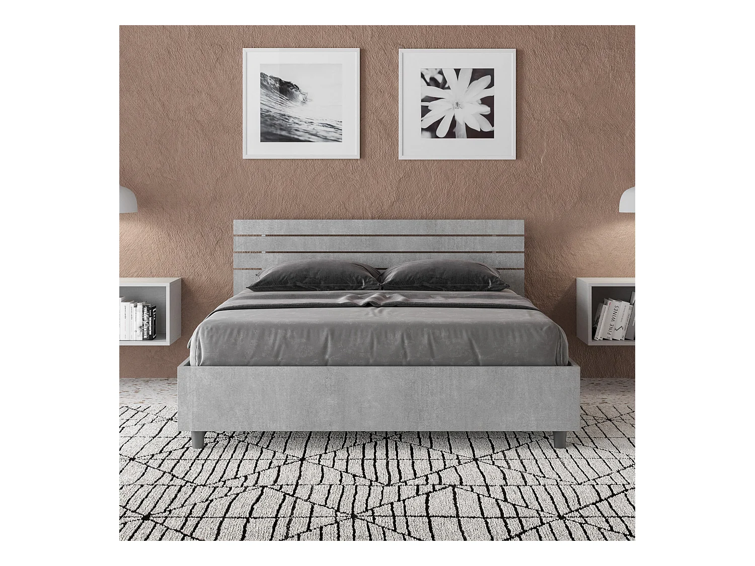 Lit double avec sommier 140x200 tête de lit inclinée avec des lames gris béton Ankel