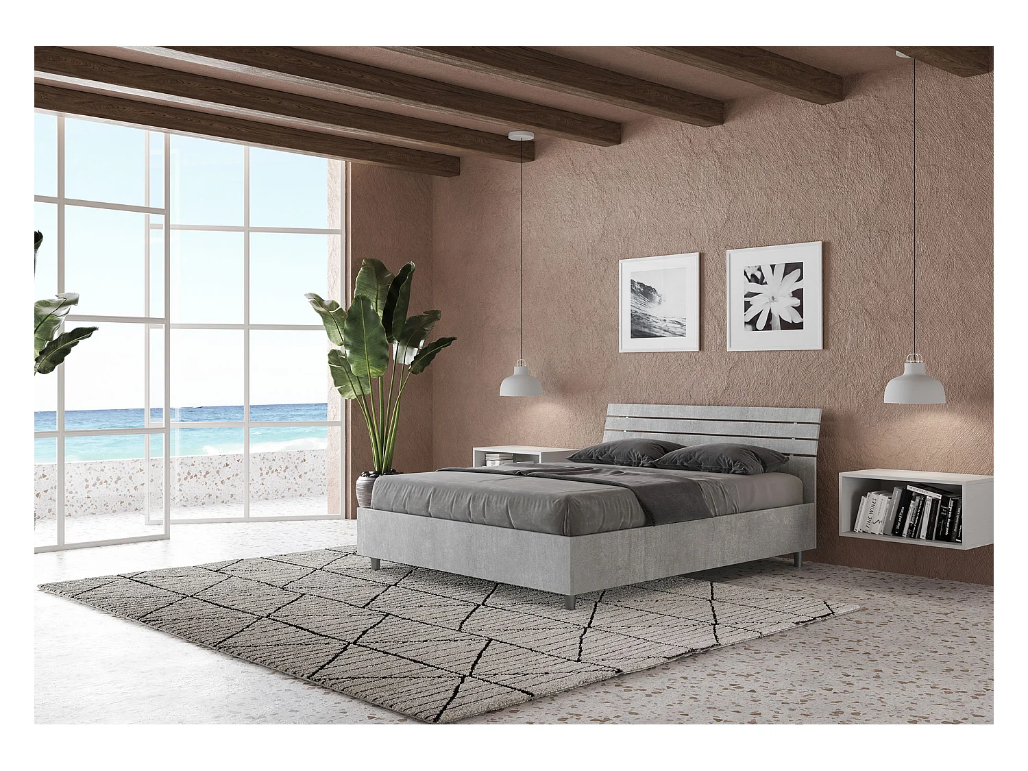 Lit double avec sommier 140x200 tête de lit inclinée avec des lames gris béton Ankel