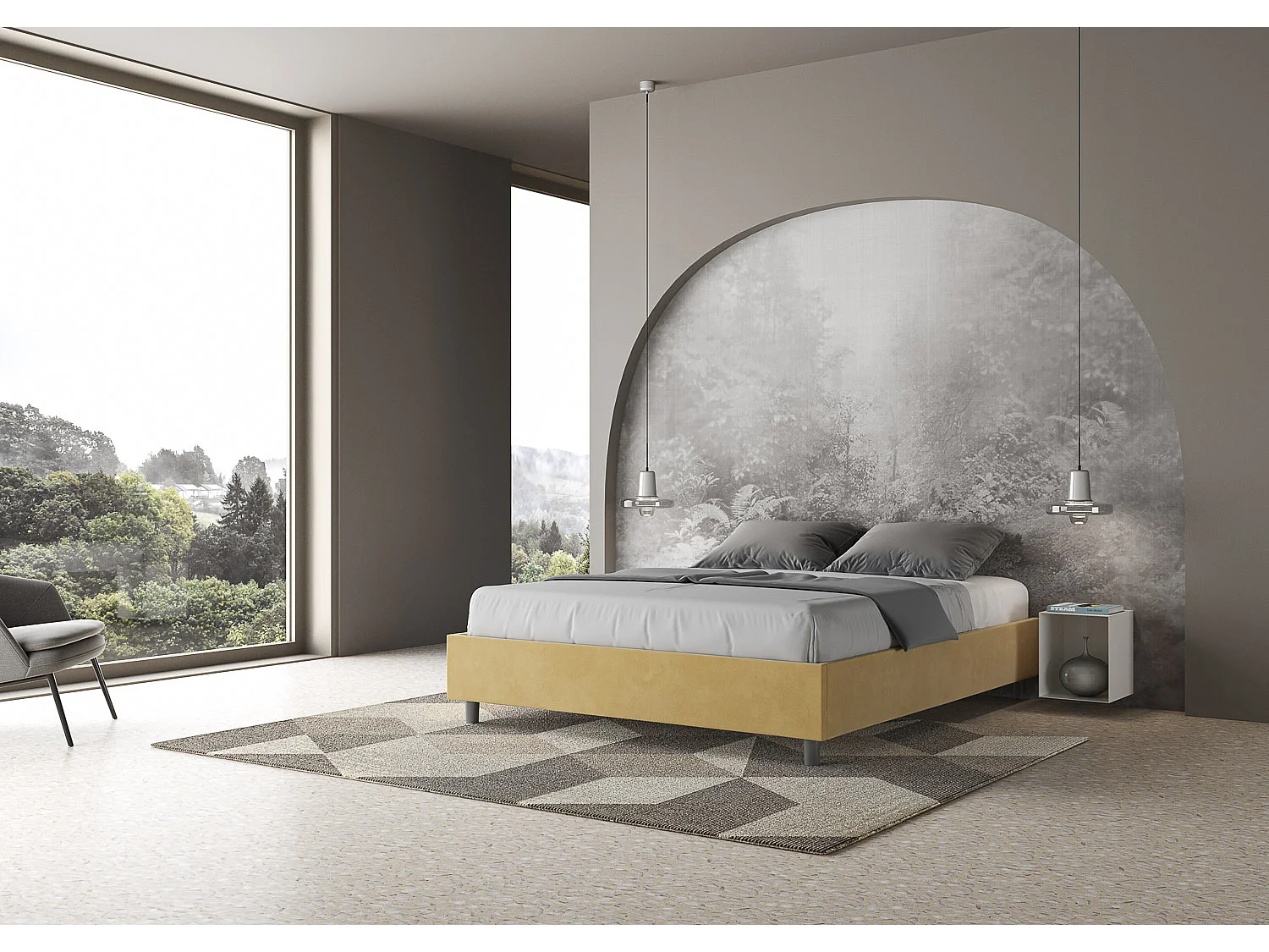 Lit avec sommier rembourré 160x190 microfibre ocre Azelia