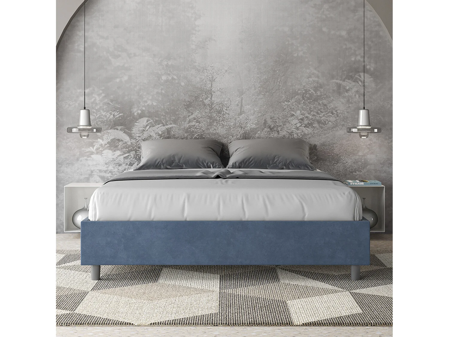 Lit avec sommier rembourré 160x190 microfibre bleu Azelia