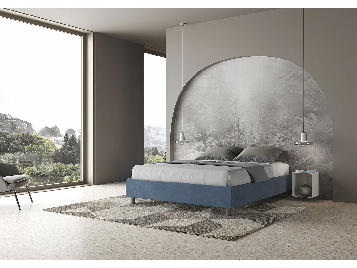 Lit avec sommier rembourré 160x190 microfibre bleu Azelia