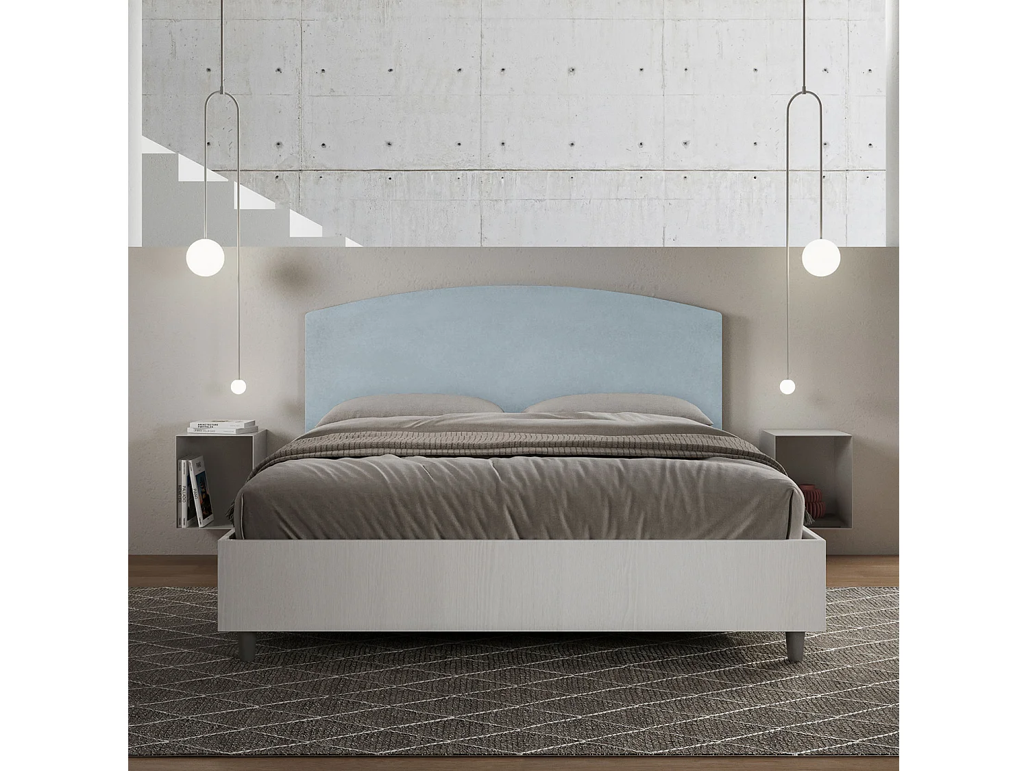 Lit sans sommier 160x190 structure frêne blanc tête de lit microfibre bleu clair Antilia