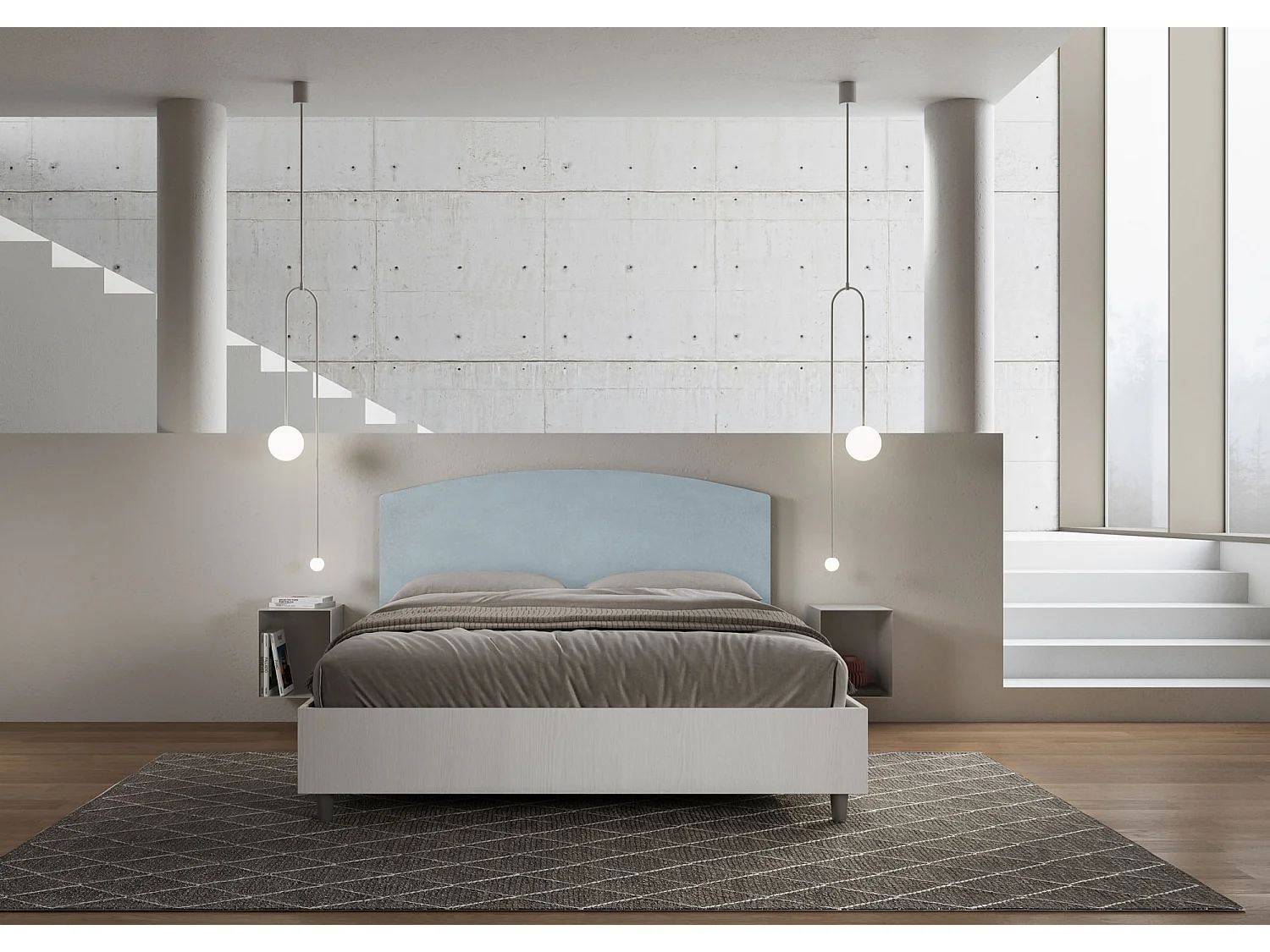 Lit sans sommier 160x190 structure frêne blanc tête de lit microfibre bleu clair Antilia