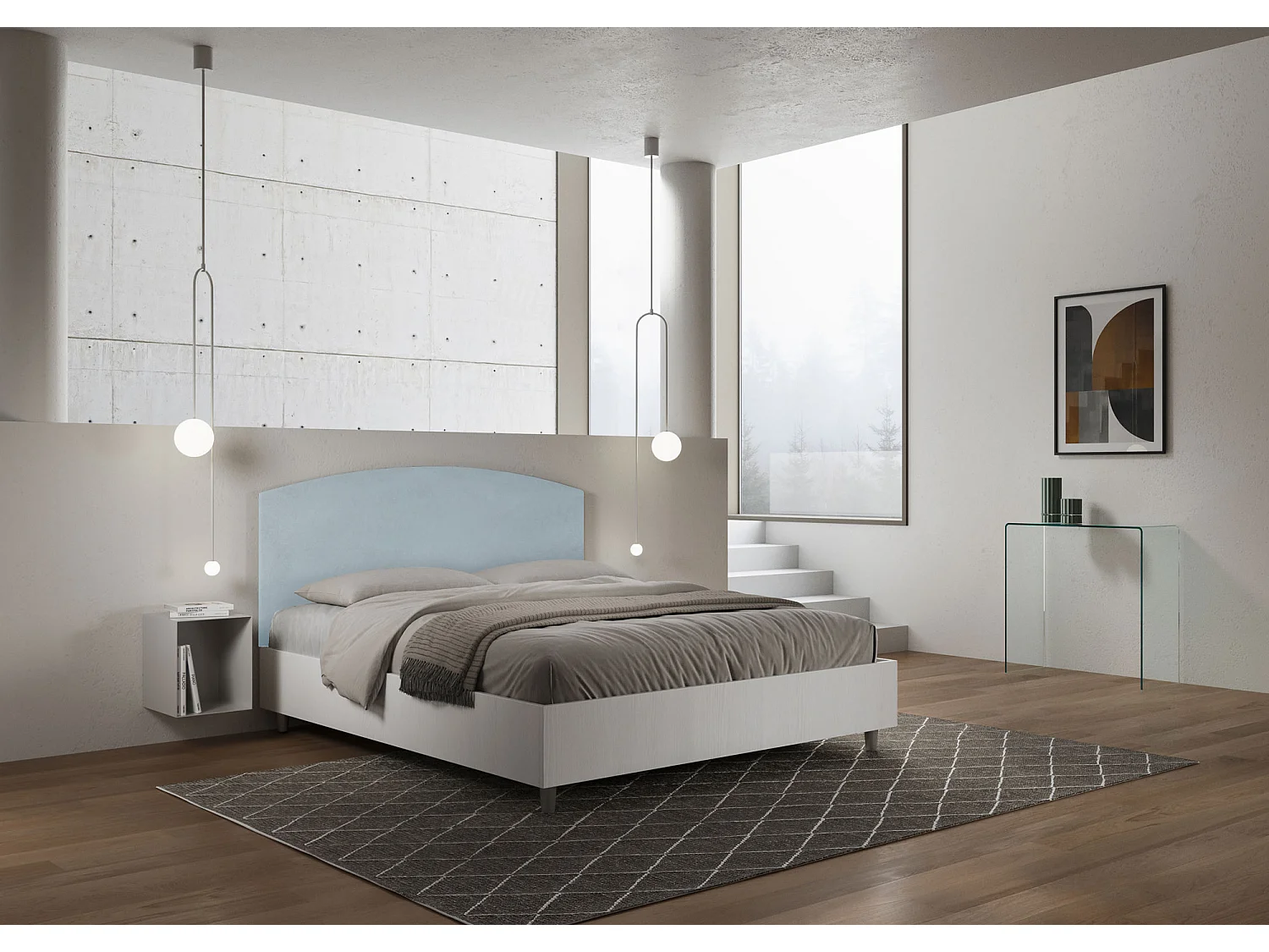 Lit sans sommier 160x190 structure frêne blanc tête de lit microfibre bleu clair Antilia
