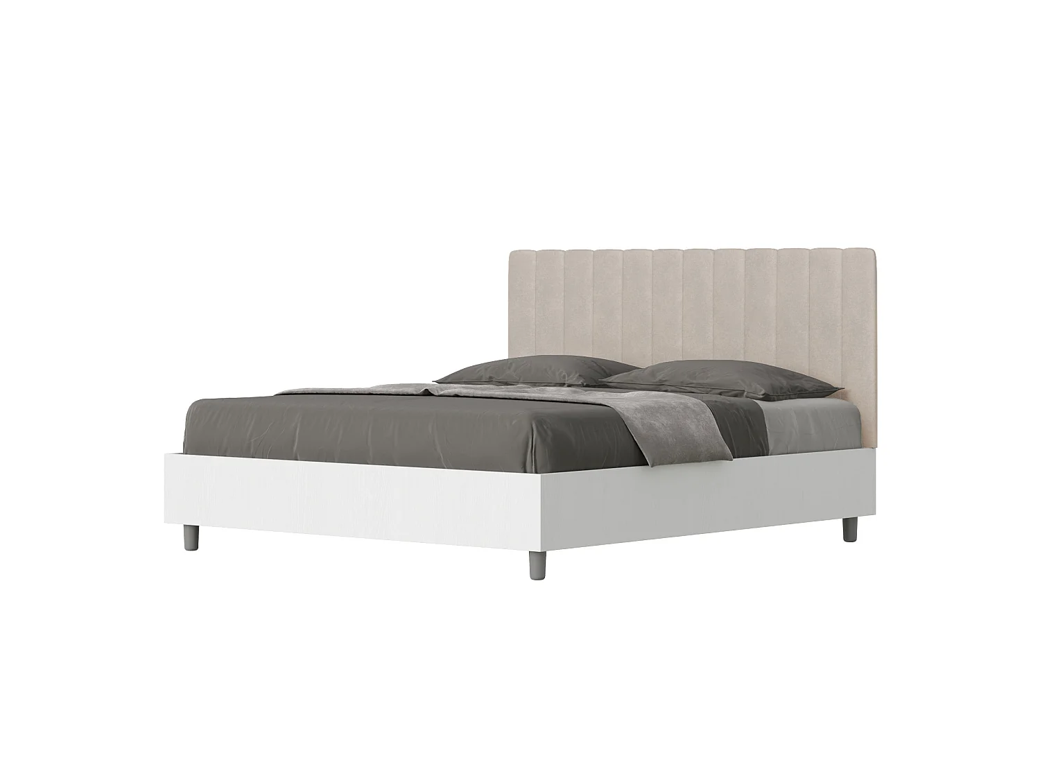 Lit avec sommier 160x200 structure frêne blanc tête de lit microfibre sable Kaia