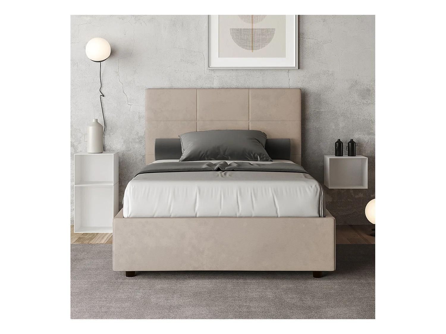 Lit 1 place et demi avec sommier rembourré 120x190 microfibre sable Mika