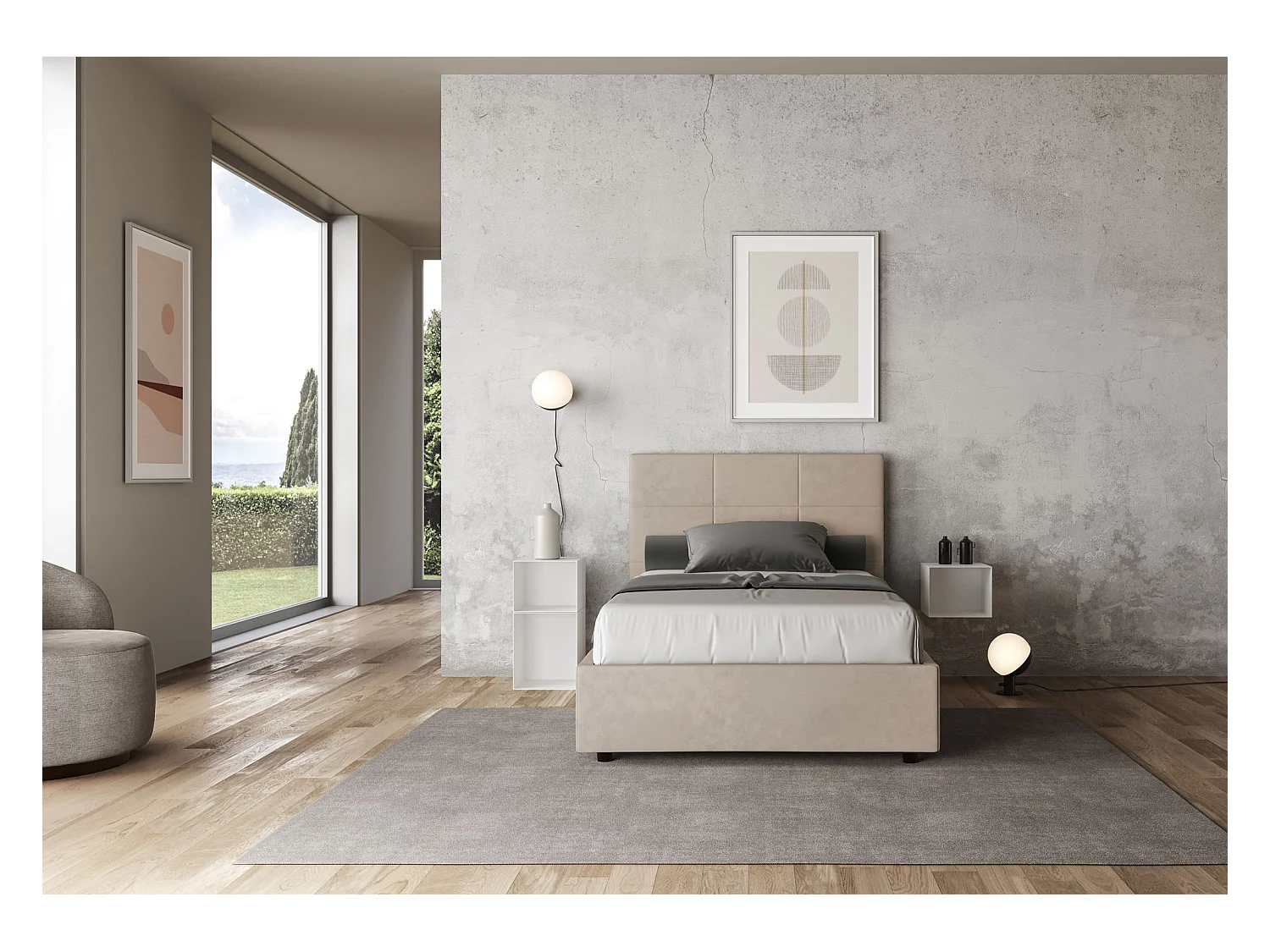 Lit 1 place et demi avec sommier rembourré 120x190 microfibre sable Mika