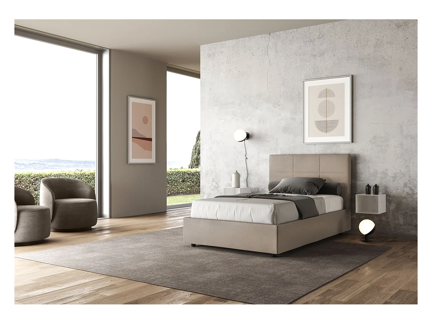 Lit 1 place et demi avec sommier rembourré 120x190 microfibre sable Mika