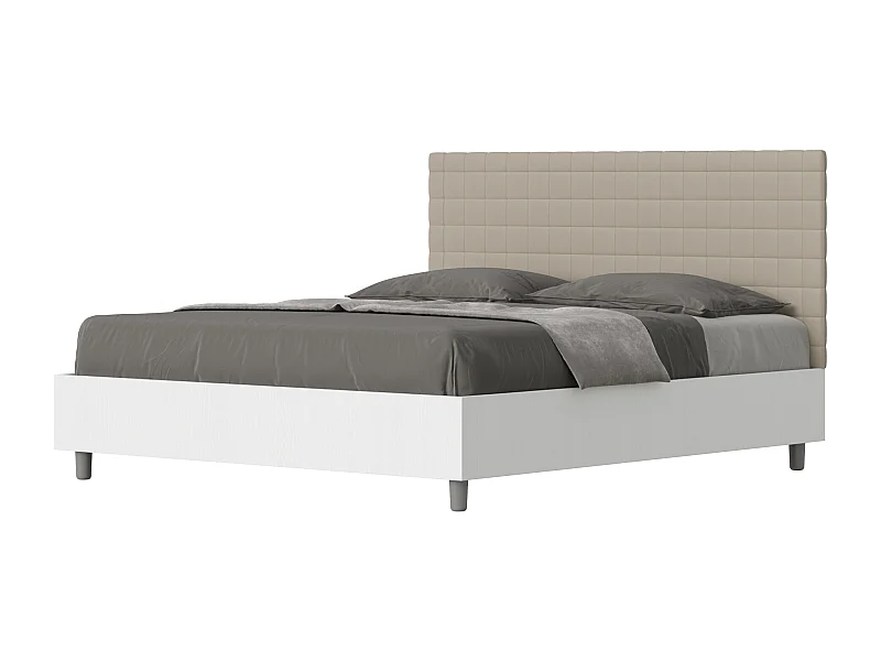 Lit avec sommier 160x190 structure frêne blanc tête de lit similicuir taupe Burmy