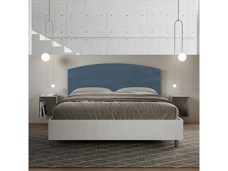 Lit avec sommier 160x200 structure frêne blanc tête de lit microfibre bleu Antilia