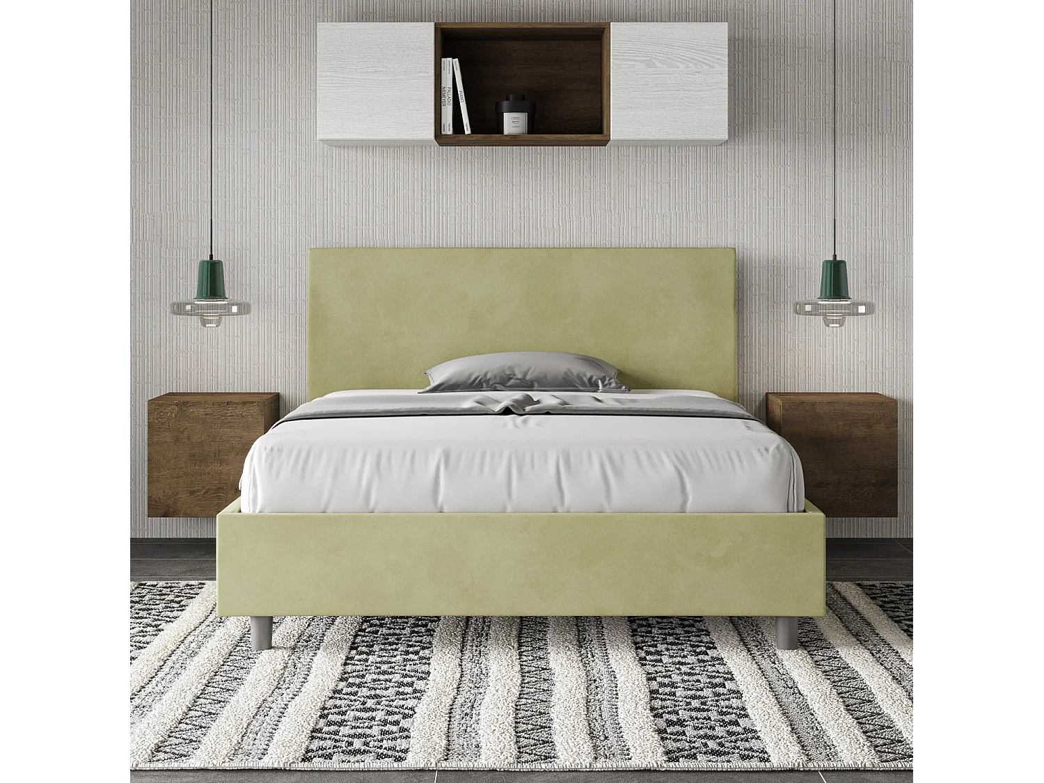 Lit double avec sommier rembourré 140x190 microfibre vert Adele
