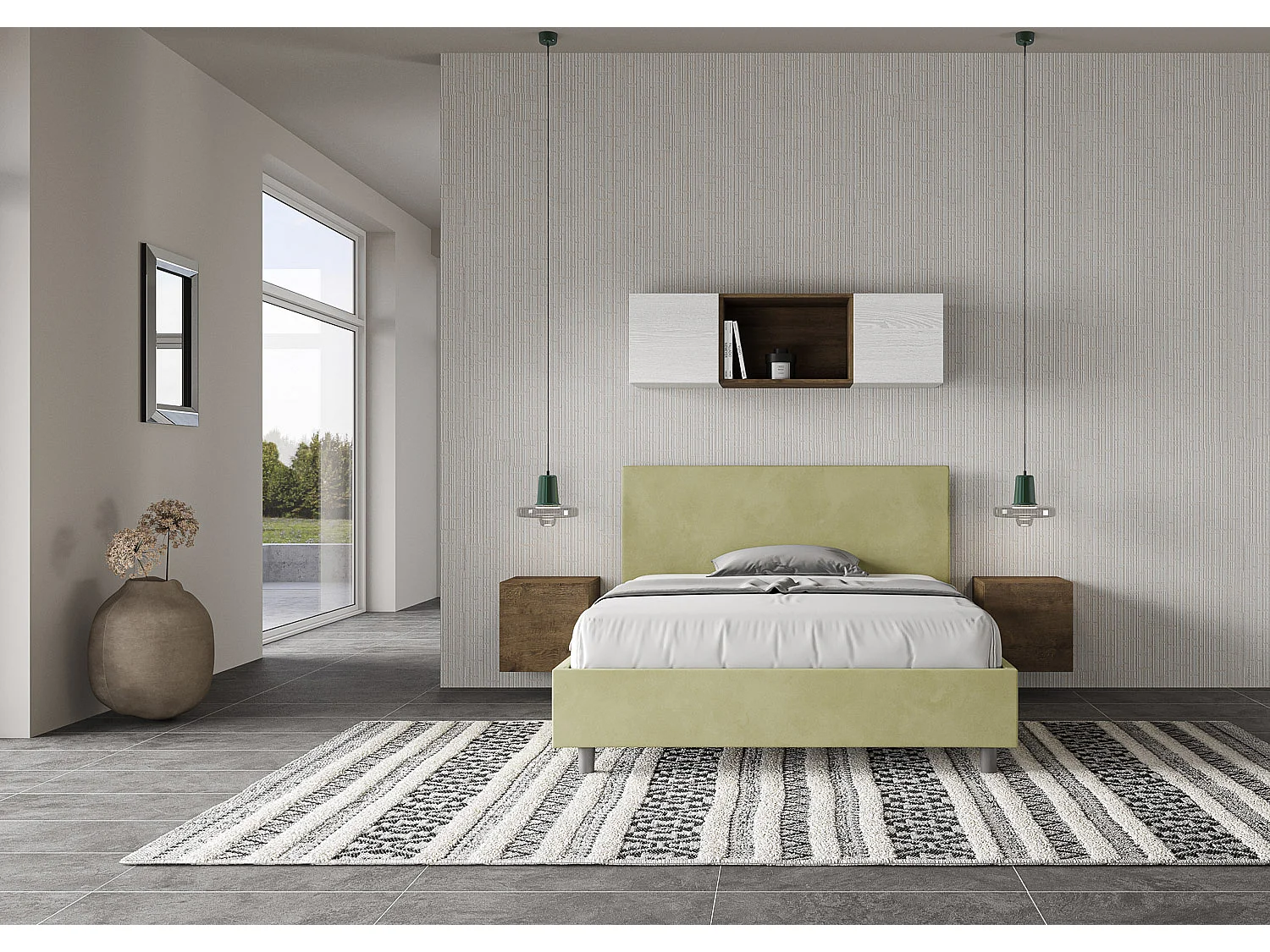 Lit double avec sommier rembourré 140x190 microfibre vert Adele