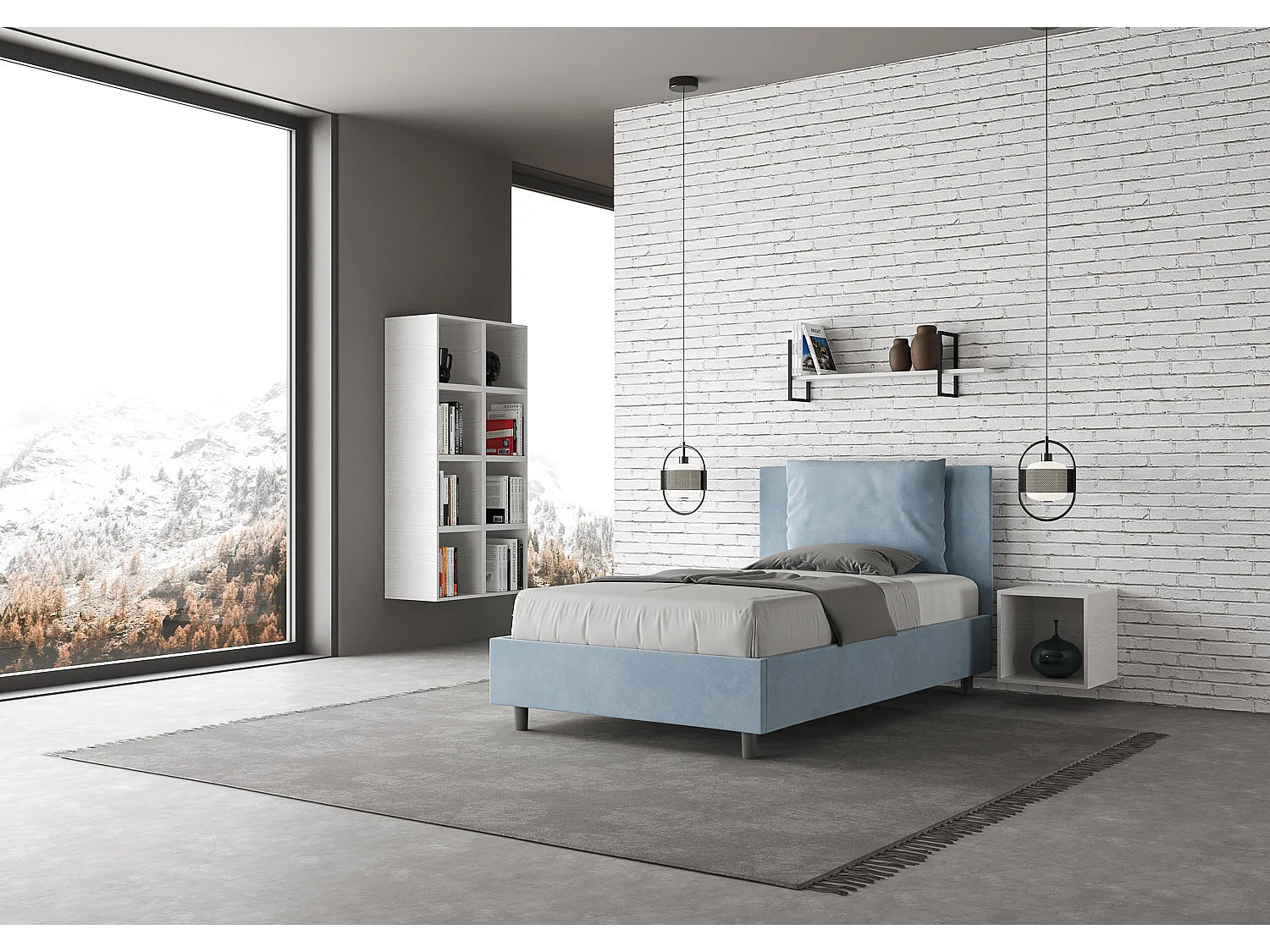 Cama de corpo e meio con estrado estofada 120x200 microfibra azul-celeste Antea