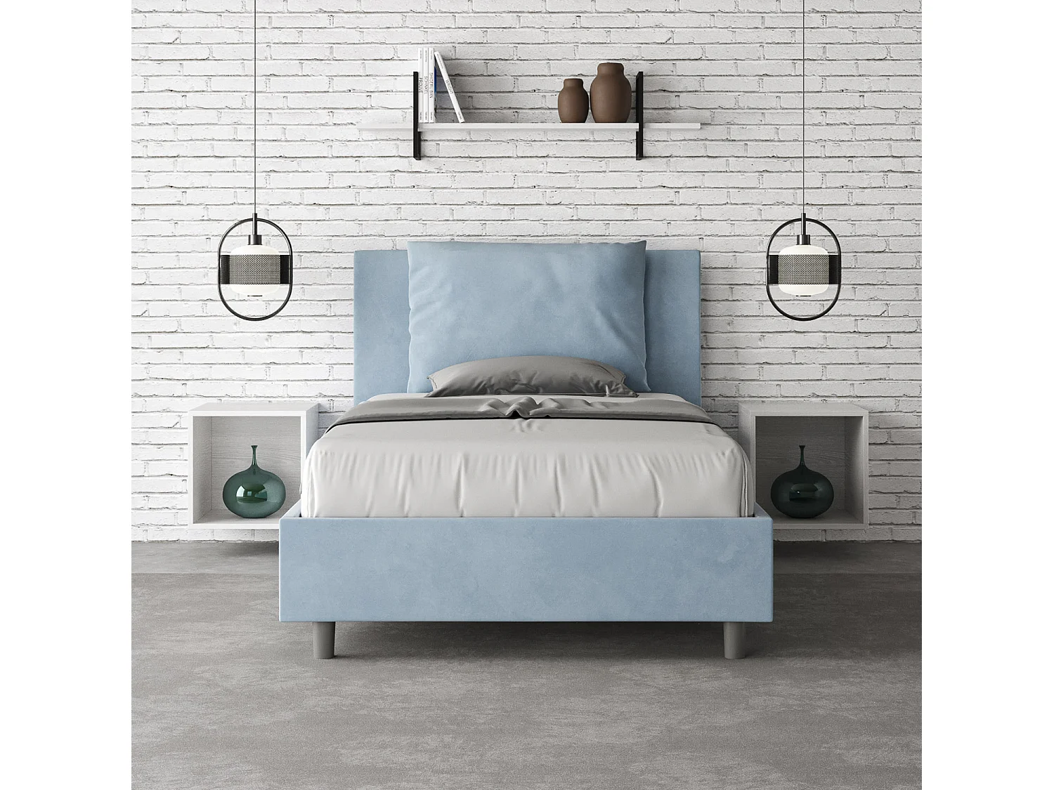 Cama de una plaza y medio con somier acolchada 120x200 microfibra azul claro Antea