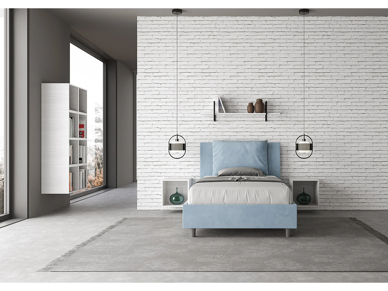Cama de una plaza y medio con somier acolchada 120x200 microfibra azul claro Antea