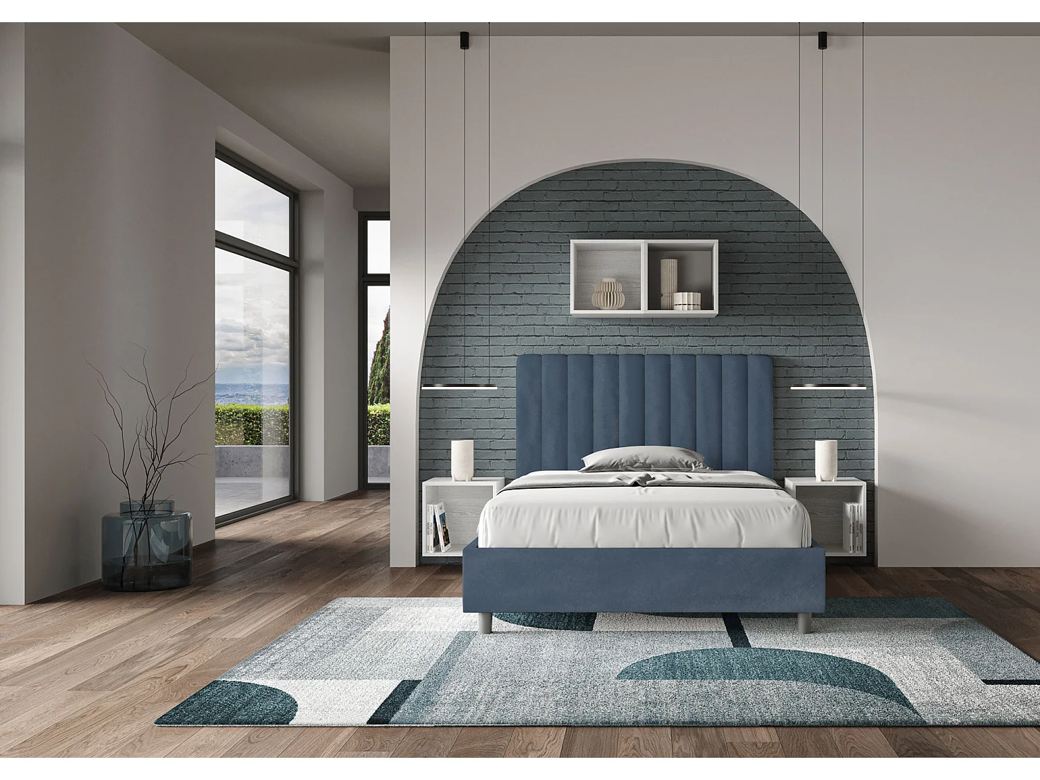 Letto una piazza e mezza senza rete imbottito 120x200 microfibra blu Agueda