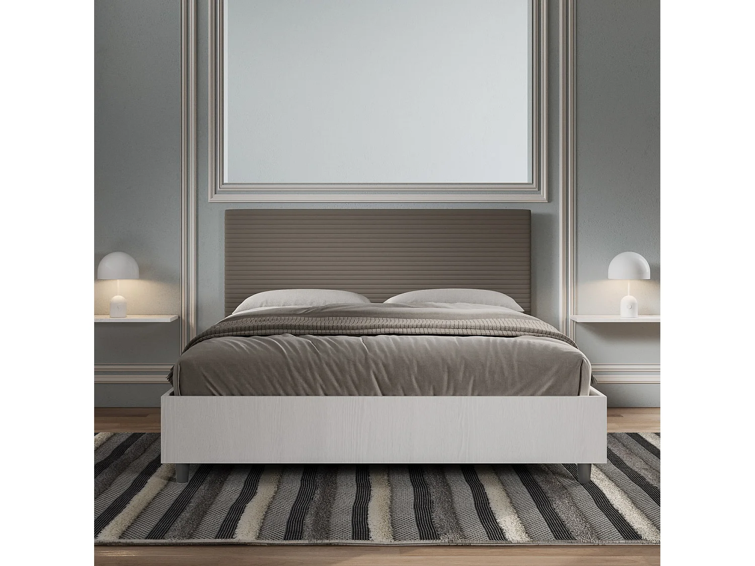 Lit sans sommier 160x200 structure frêne blanc tête de lit similicuir cappuccino Level