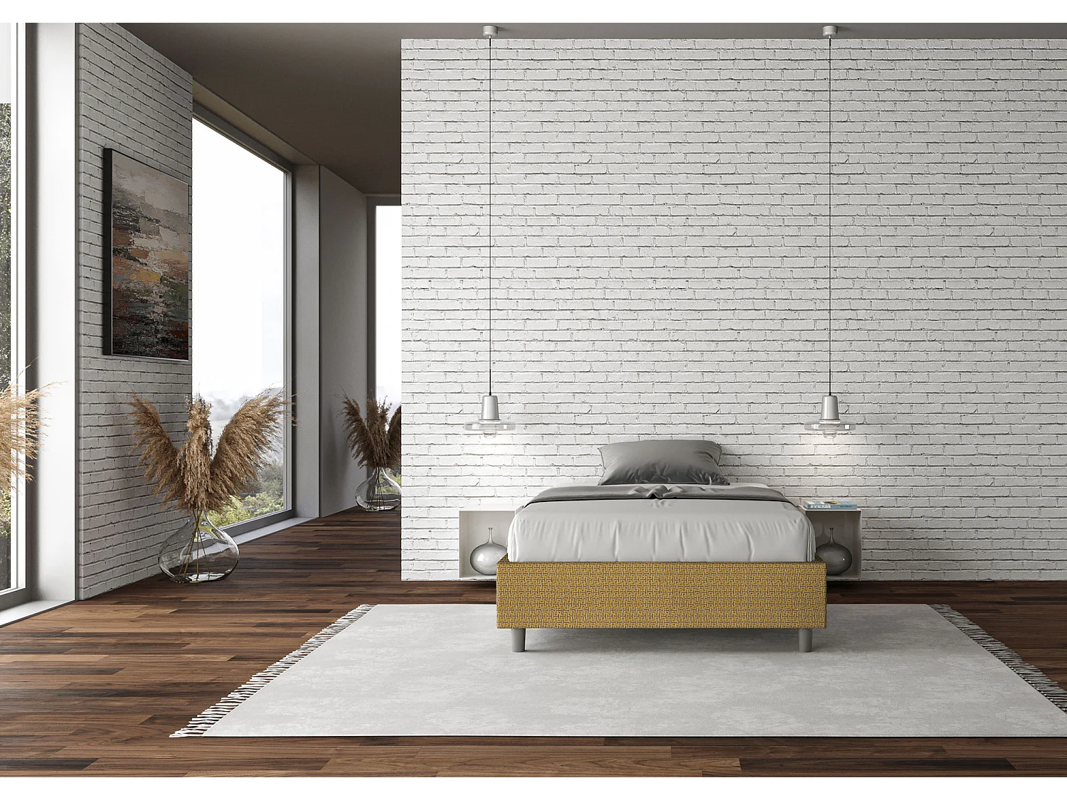 Cadre de lit 1 place et demi sans sommier rembourré 120x210 tissu Labirinto 6 jaune Azelia