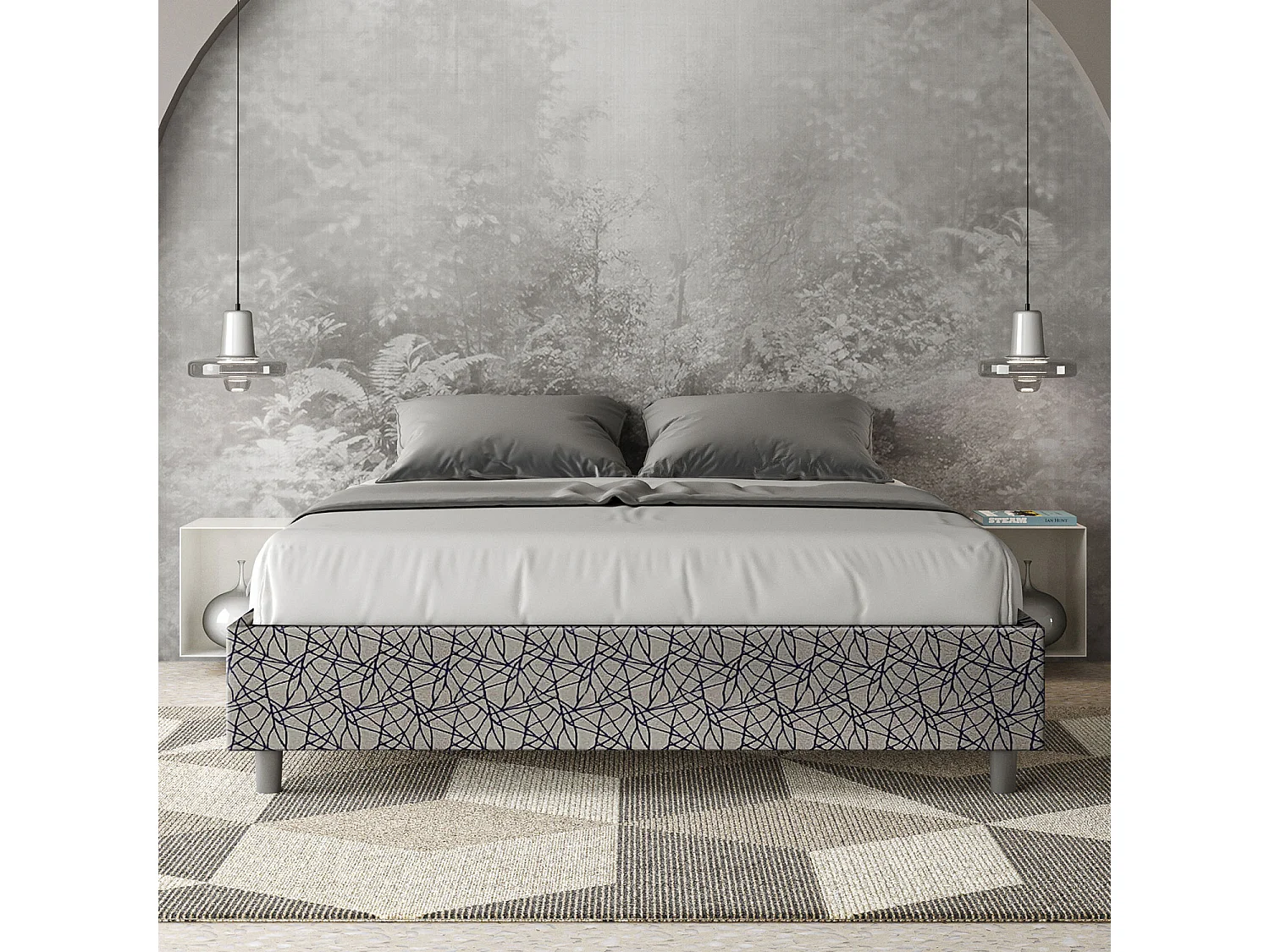 Cama de casal queen size sem estrado estofada sem cabeceira 160x200 tecido Era 09 azul Azelia